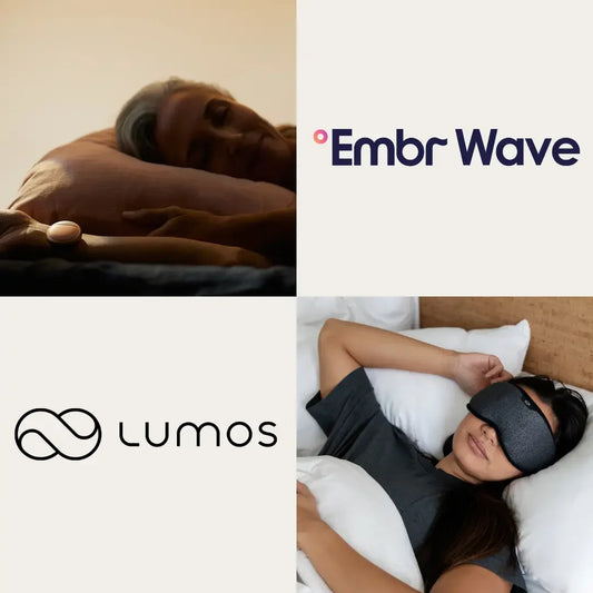 Embr Wave logo with closeup of sleeping woman wearing Embr Wave Smart Cooling & Warming Wristband, Lumos logo next to closeup of woman wearing Lumos Smart Sleep Mask