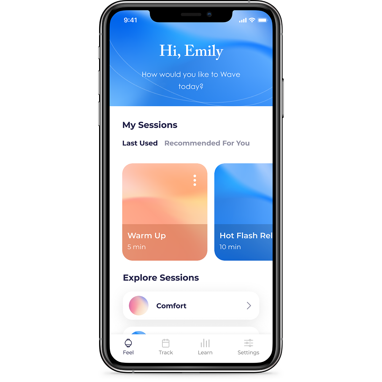 Illustrated smartphone screen showing Embr Wave App home screen.