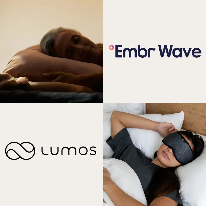Embr Wave logo with closeup of sleeping woman wearing Embr Wave Smart Cooling & Warming Wristband, Lumos logo next to closeup of woman wearing Lumos Smart Sleep Mask