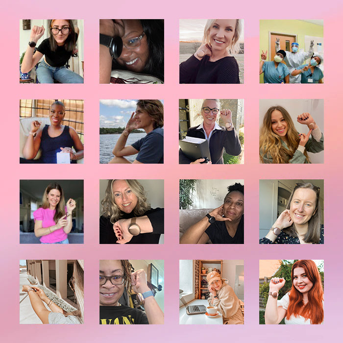 Collage of photos of women wearing the Embr Wave wristband