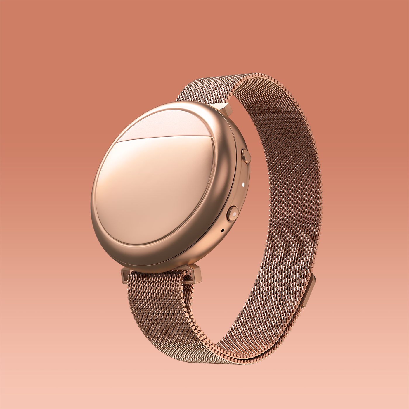 Close up of the rose gold Embr Wave 2 wristband with an orange gradient background.