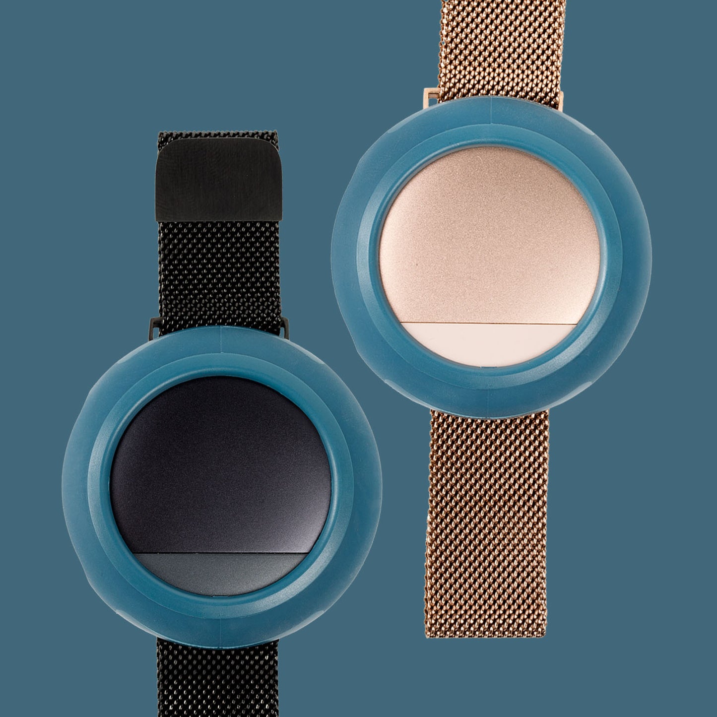 Two Embr Wave devices (Rose Gold and Black) with Comfort Cases in Lagoon on a teal background